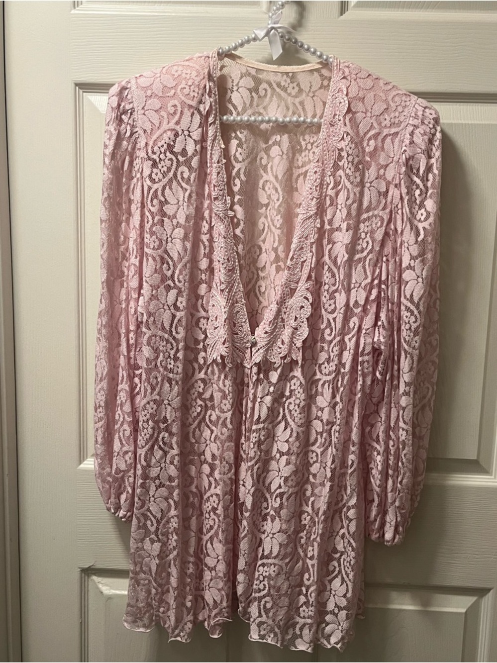 Vintage Pink Lace Duster Complete with Shoulder Pads and Rhinestone Button O/S